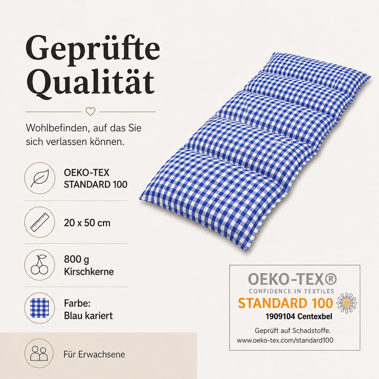 Almohada Termica 50x20 cm - Relleno: 800 Gramos de Huesos de Cereza. Forro: 100% Algodón - Cojín de Calor y Frio (azul a cuadros)