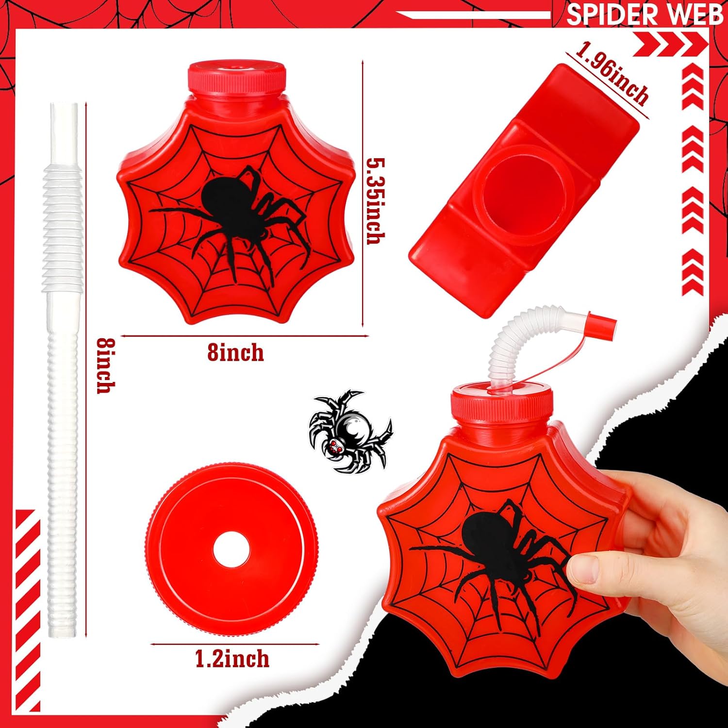 24 Sets Spider Party Favors Bulk 10 oz Spider Cups with Lids and Straws Thick Plastic Reusable Funny Cups for Holiday Gifts Birthday Party Supplies (Red)