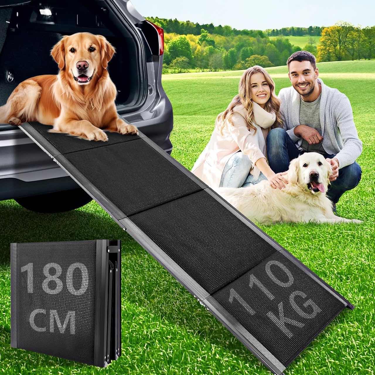 Hunderampe, 180 x 50cm Hunderampe Auto Klappbar, rutschfest Hunderampen für Autos, LKWs und SUV, bis 110 kg, Rampe Hund für Große und ältere Hunde, Aluminiumrahmen, Extra Lang