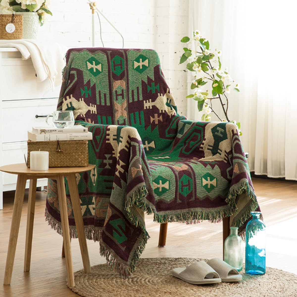 LumiSyne Cotton Woven Throw Blanket With Tassel Double-Sided Jacquard Bohemian Geometric Pattern Vintage Ethnic Style Decorative Throws For Sofa Bed Armchair Camping Blanket Tapestry Tablecloth Carpet