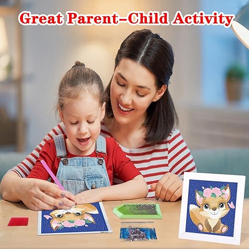 Miniatura 8 de Miairivy Pintura de diamantes para niños, kit pequeño de arte de diamantes 5D (con marco de madera), juego de pintura de gemas grandes de zorro