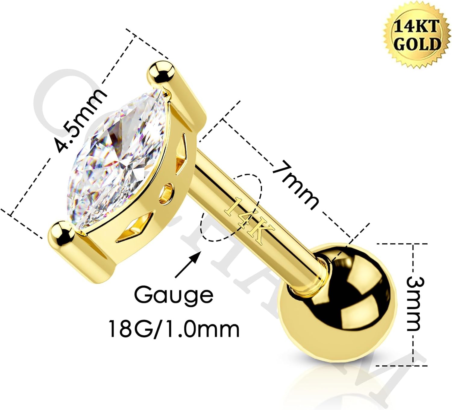 COCHARM 14K Real Gold Cartilage Stud Earring 16g Cubic Zirconia Helix Stud Rings for Women Tragus Conch Barbell - Image 2
