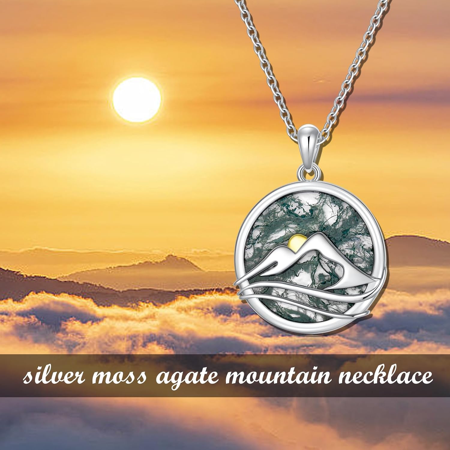Mountain Pendant Necklace 14K White Gold Plated Sterling Silver Abalone Shell/Moss Agate Mountain Range Necklace Circle Mountain Pendant Necklace for Hikers, Climbers and Nature Lover