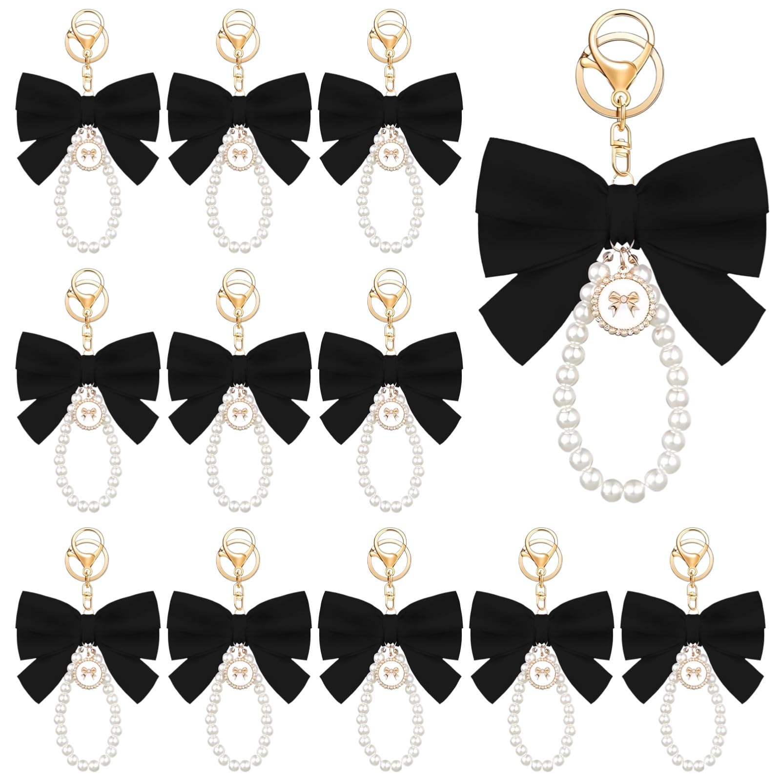 12 Stk. große Schleifen Perlen Schlüsselanhänger für Handtasche, schwarzer Coquette Charm, elegantes Taschenaccessoire, vielseitiges Schlüsselring Set, hübsches Geschenk für Frauen und Damen