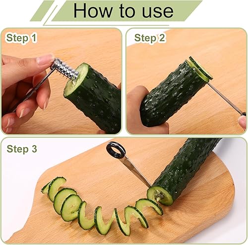 Miniatura 5 de 2 cortadores en espiral de verduras y 1 herramienta en forma de V para pelar verduras, herramienta espiralizadora manual de acero inoxidable, juego