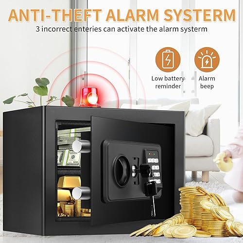 Miniatura 7 de Caja de seguridad ignífuga antirrobo con teclado digital, llaves de repuesto y estante extraíble, caja fuerte personal para dinero en el hogar,