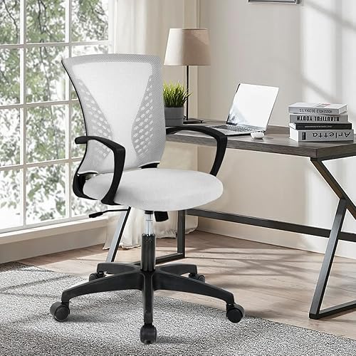 Silla de oficina de malla con ruedas, silla de escritorio ergonómica de respaldo medio con brazos y soporte lumbar, cómoda silla de computadora para
