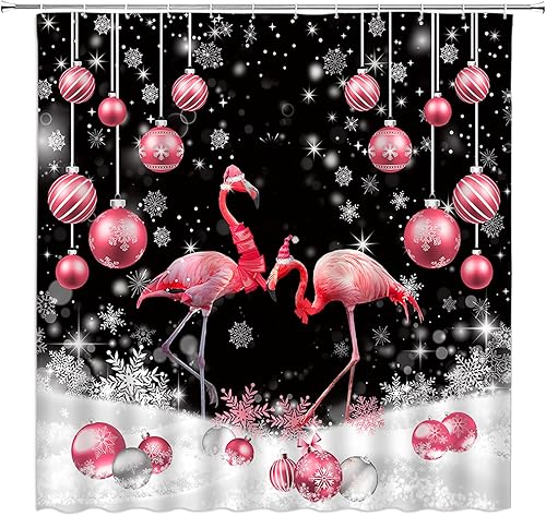 Miniatura 6 de Cortina de ducha extra larga de Navidad, bola de Navidad color verde azulado, muñeco de nieve rosa, copo de nieve, festival de vacaciones de
