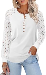 Minetom Women's Lace Long Sleeve Tops Henley Shirts Casual Blouses Tees