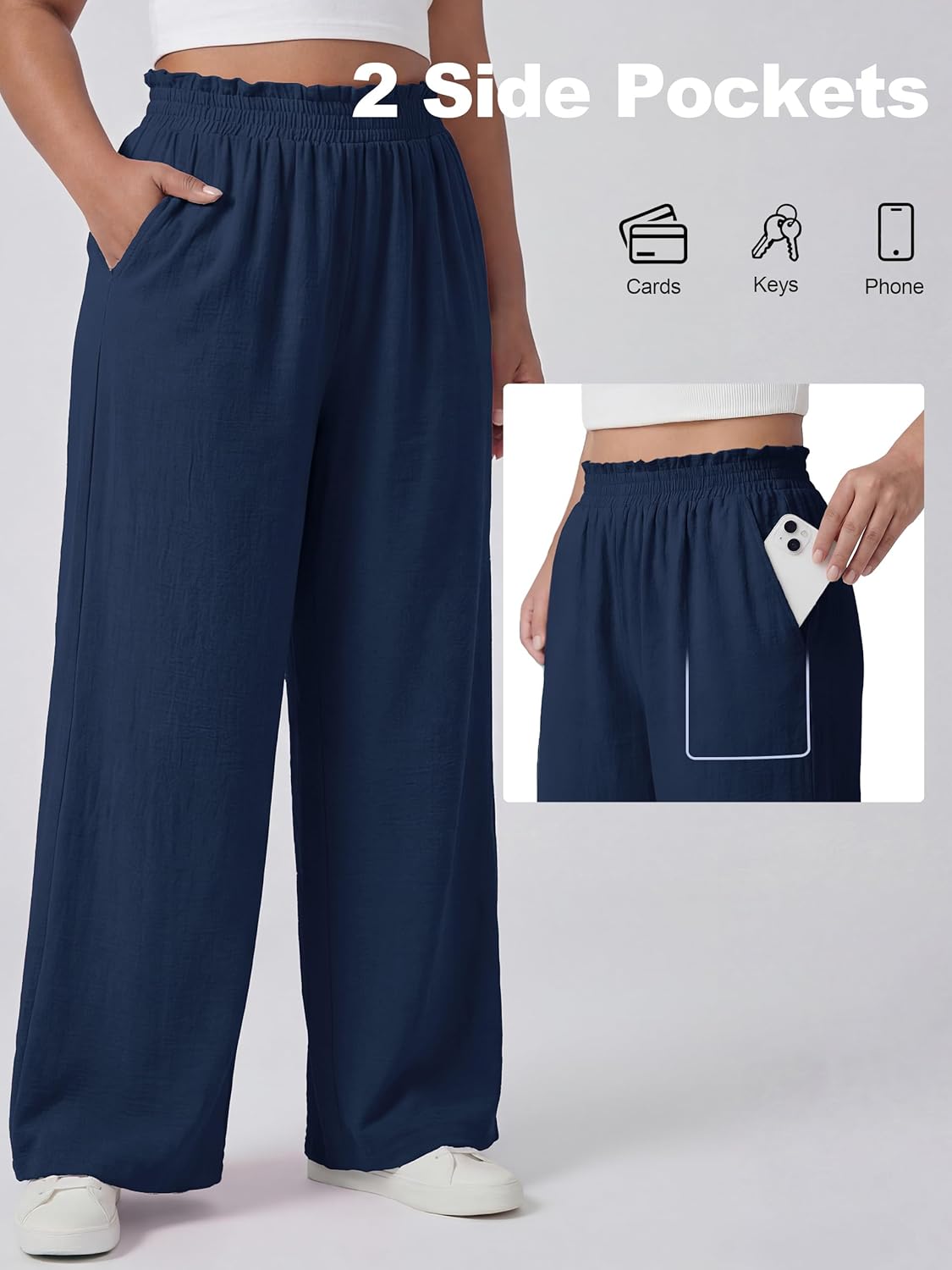 Lastshe Women's Plus Size Wide Leg Pants Elastic High Waist Hide Drawstring Loose Work Pants Palazzo Trousers with Pockets - Image 6