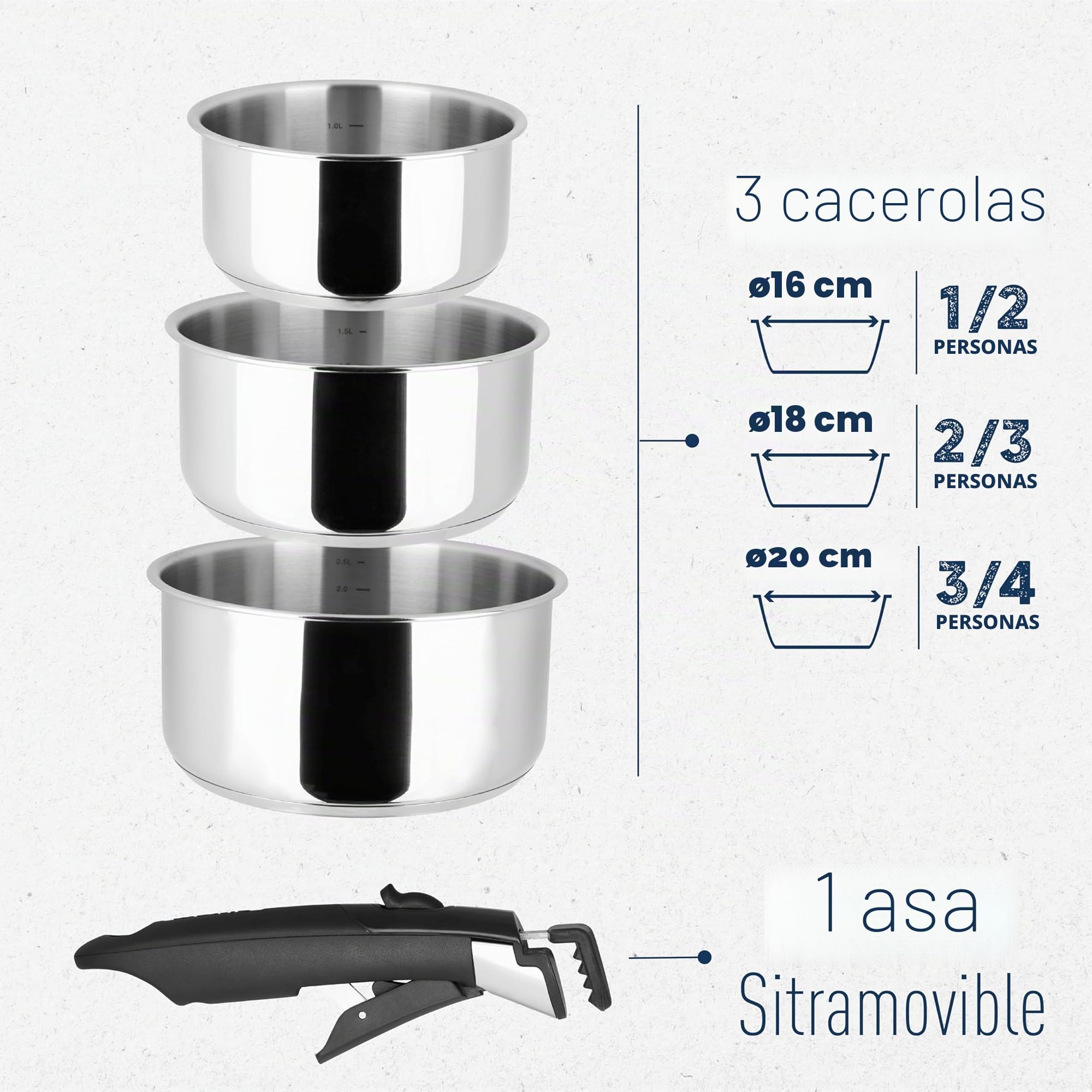 Sitram 713511 Juego Premium de 3 Cazos Inox Ø16/18/20 cm con Mango Extraíble Sitramovible – Acero Inoxidable Triple Capa – Difusión Uniforme – Todos los Fuegos Incluida Inducción