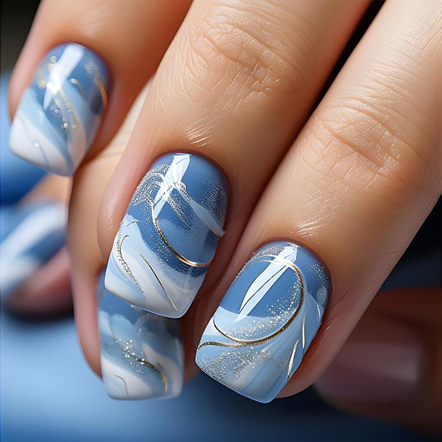 Vopintpy Blue White Gradient Press on Nails Short Square Fake Nails with Design Glossy Full Cover Glue on Nails Reusable Stick on Nails for Women DIY