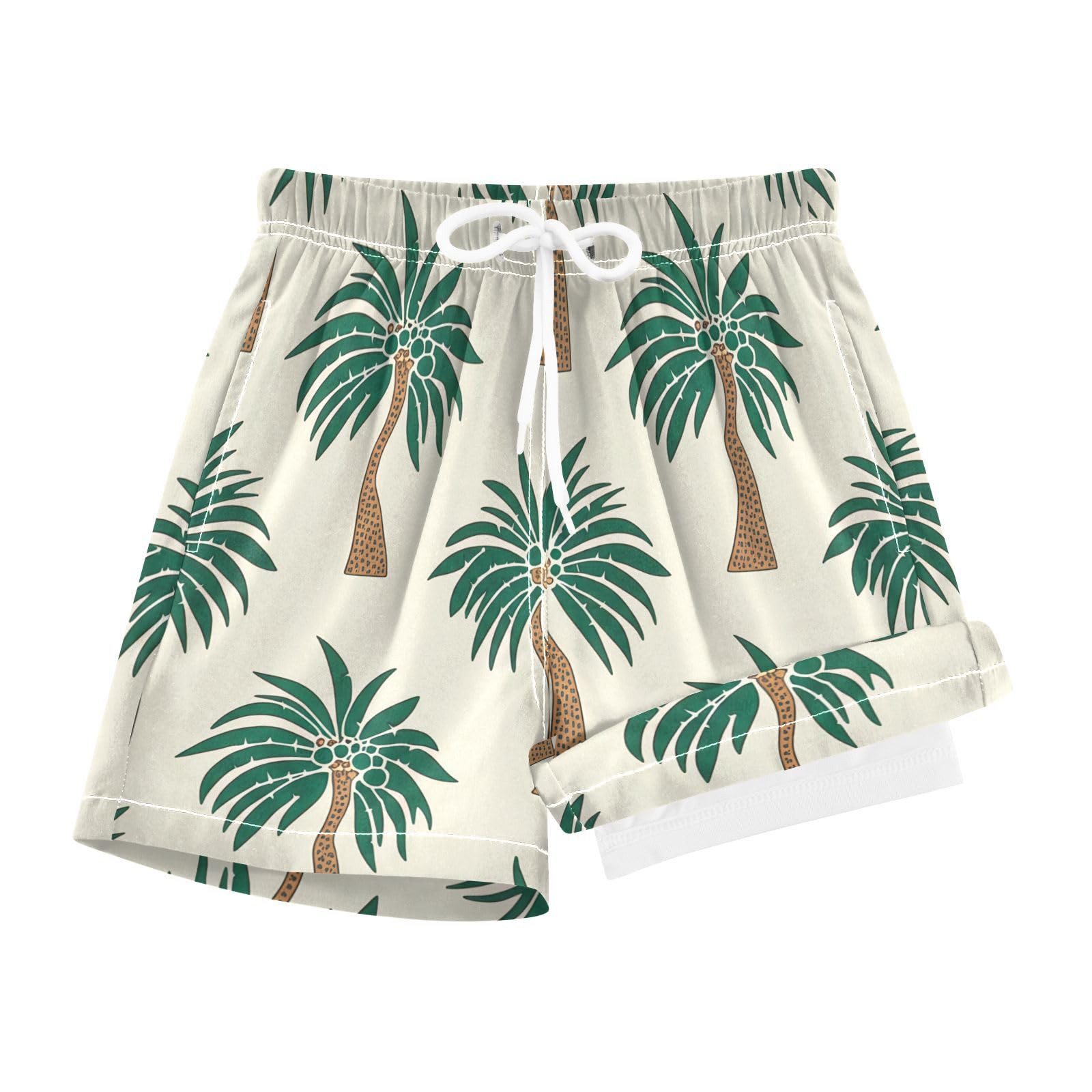 YANENDIE Boy Swim Trunks with Compression Liner Palm Trees Beige Boys Swim Shorts Quick Dry Beach Shorts