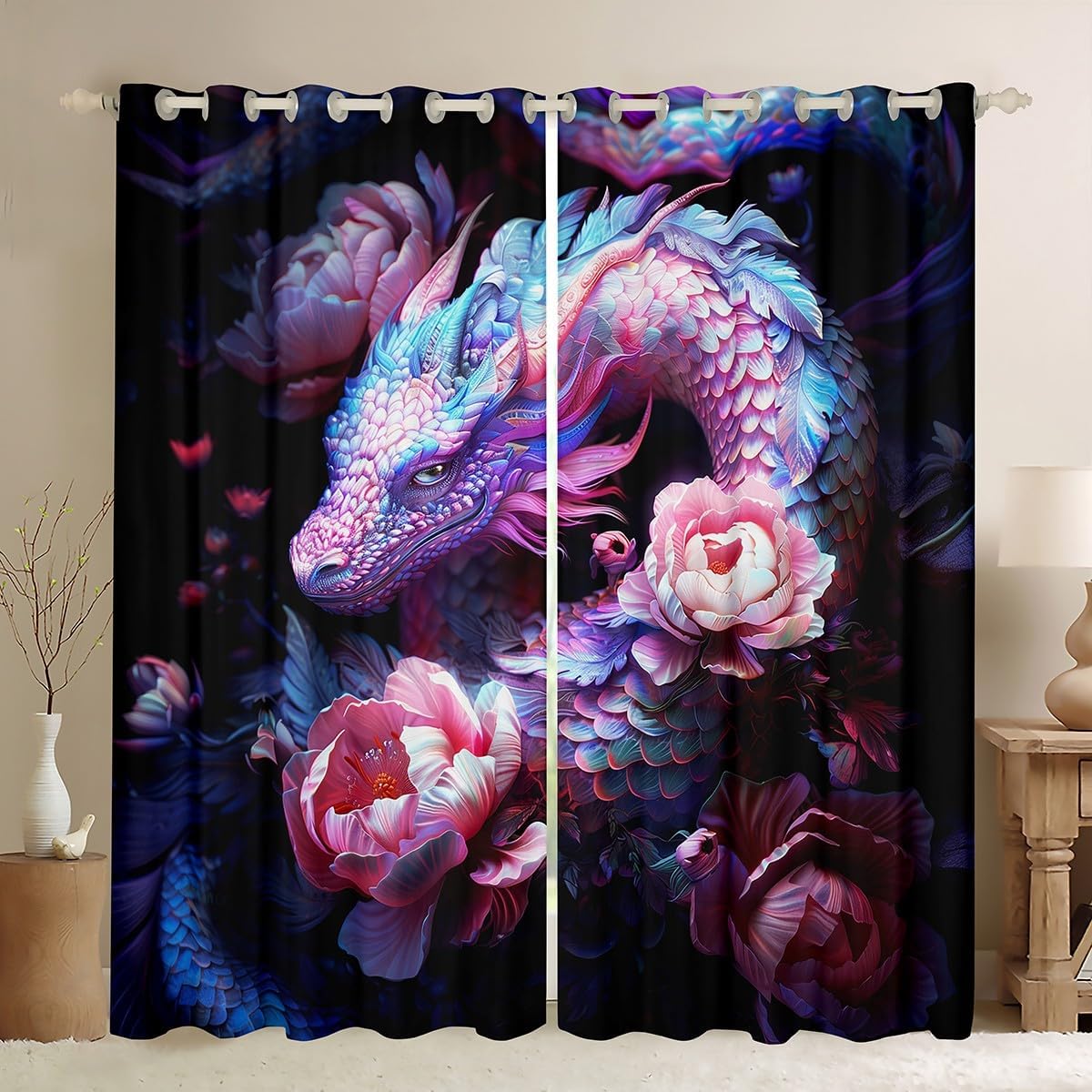 Castle Fairy Western Dragon Window Curtains 3D Magical Wildlife Animal Window Treatments Chinese Style Window Drapes for Kids Romantic Pink Peony Grommet Top 2 Panel Set Bedroom Curtains,52Wx96L inch