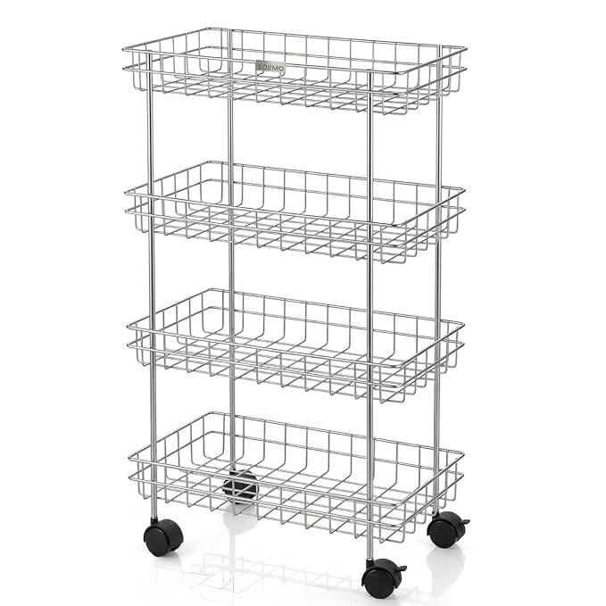 Amazon Brand - Solimo 4-Tier Ventilated Storage with Swivel Wheels| Multipurpose Storage Organizer for Kitchen, Bathroom & Laundry | High Quality Stainless Steel Trolly (Steel)