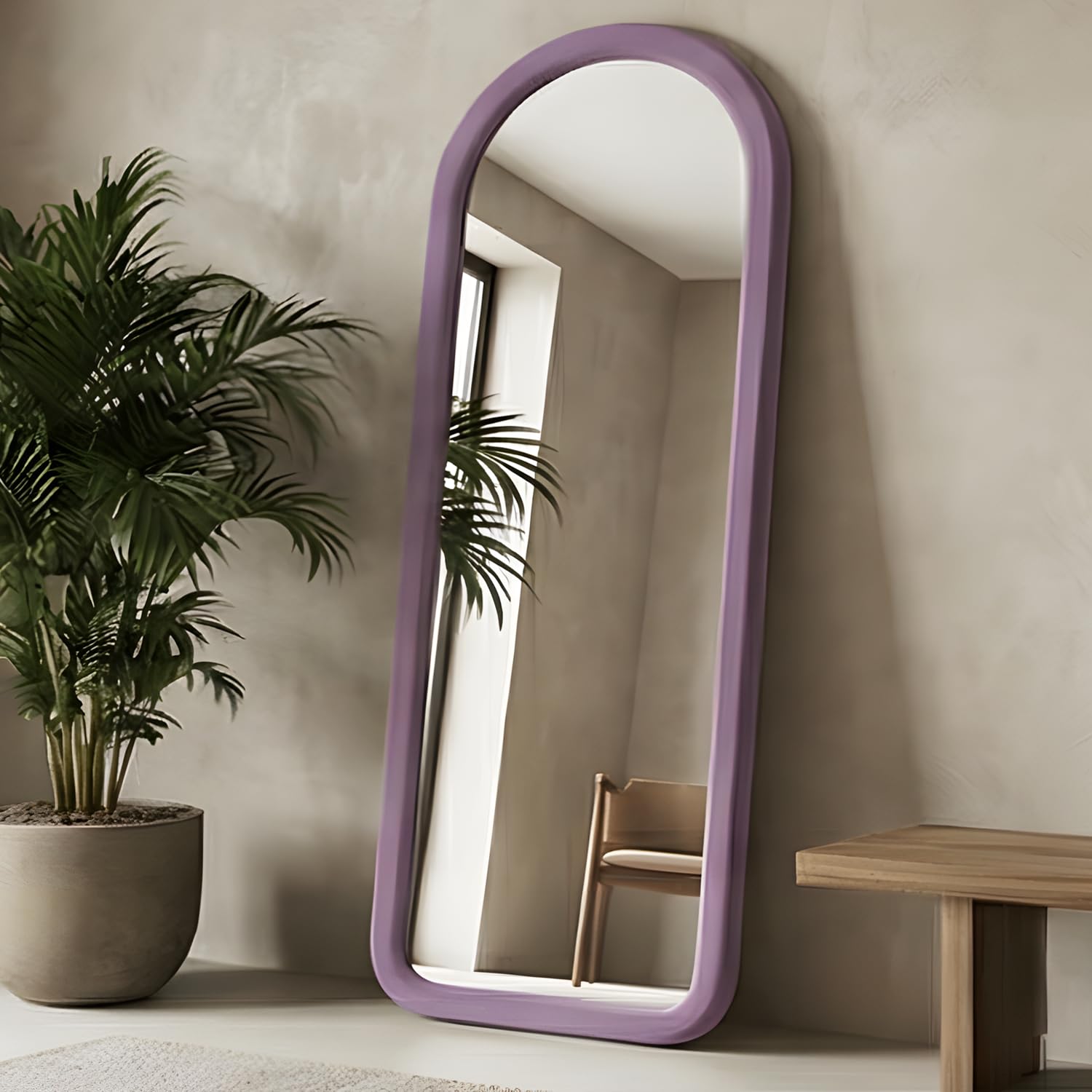 NEUWEABY Specchio con piedistallo 140 x 51 cm, specchio da terra curvo, grande specchio da parete. Da appoggiare, appendere o appoggiare alla parete per il soggiorno,viola