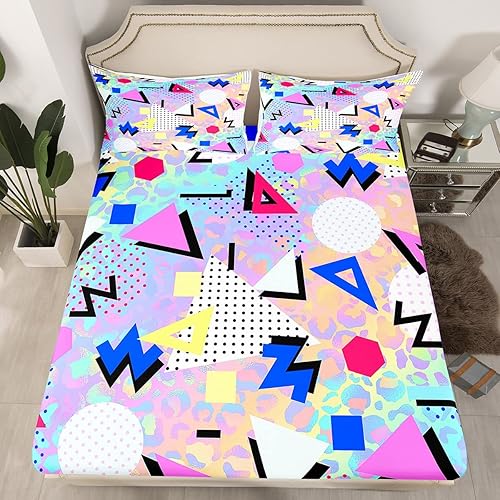 Erosebridal Sábanas Memphis retro de los años 80 y 90 para hombres y niños, tamaño matrimonial, con formas geométricas redondas triangulares, juegos