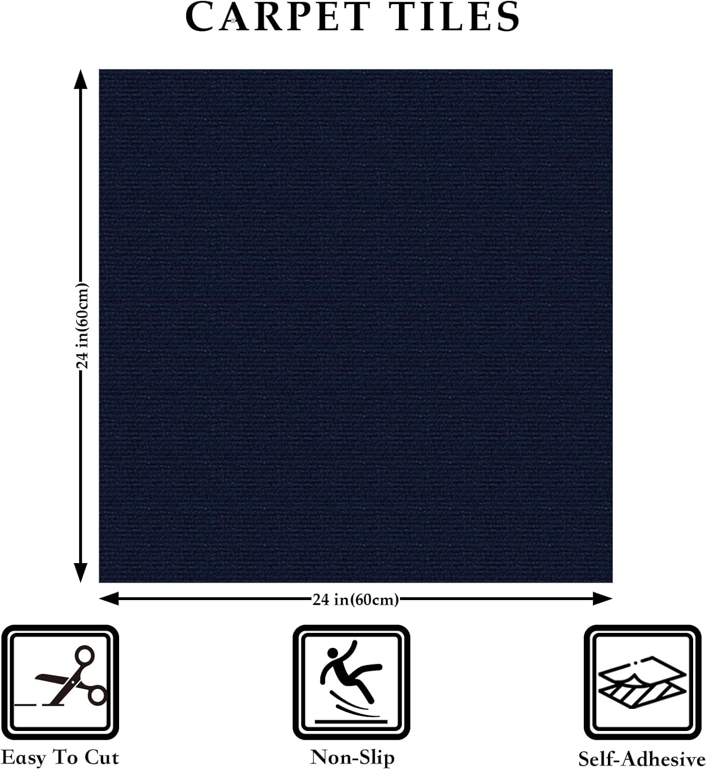 Condition photo showing New/Like New for 24" x 24" carpet tiles peel and stick, non-slip squares carpet floor tile, easy diy install, self adhesive carpet squares for kitchen bedrooms indoor outdoor 20 pack (24in x 24in) dark blue