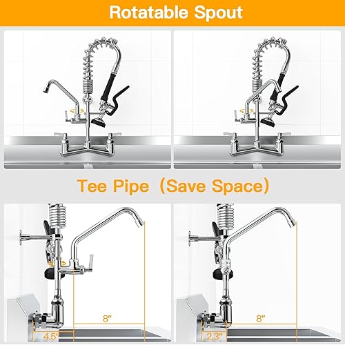 Miniatura 7 de Grifo de fregadero comercial con rociador de 21 pulgadas de altura de 8 pulgadas de latón central, grifo de cocina comercial con rociador de