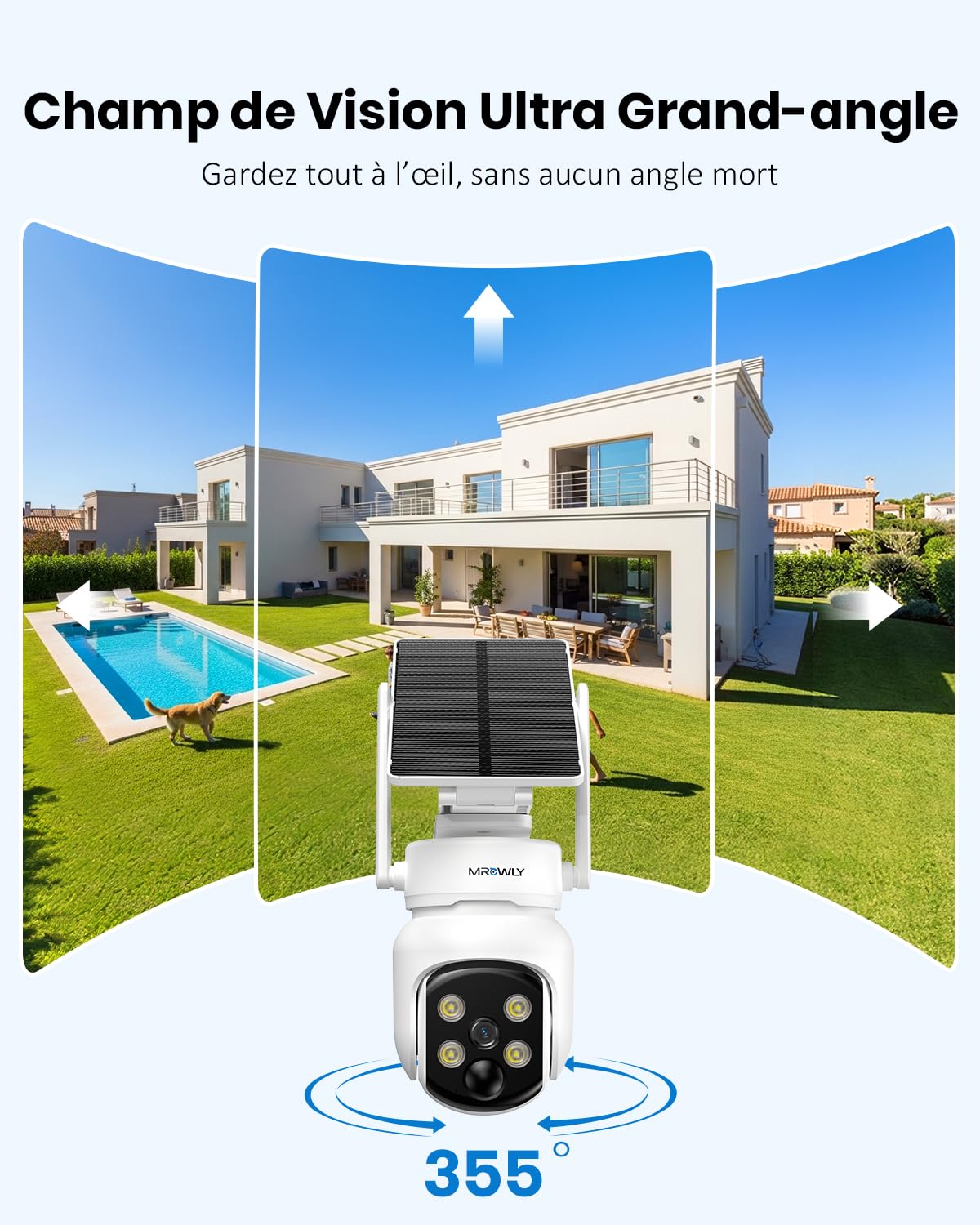 2.5K 4MP Camera Surveillance WiFi Exterieure sans Fil, 360° PTZ Camera Exterieur Solaire Batterie avec Panneau Solaire Amovible, 2.4/5G WiFi, Vision Nocturne Couleur, Audio Bidirectionnel