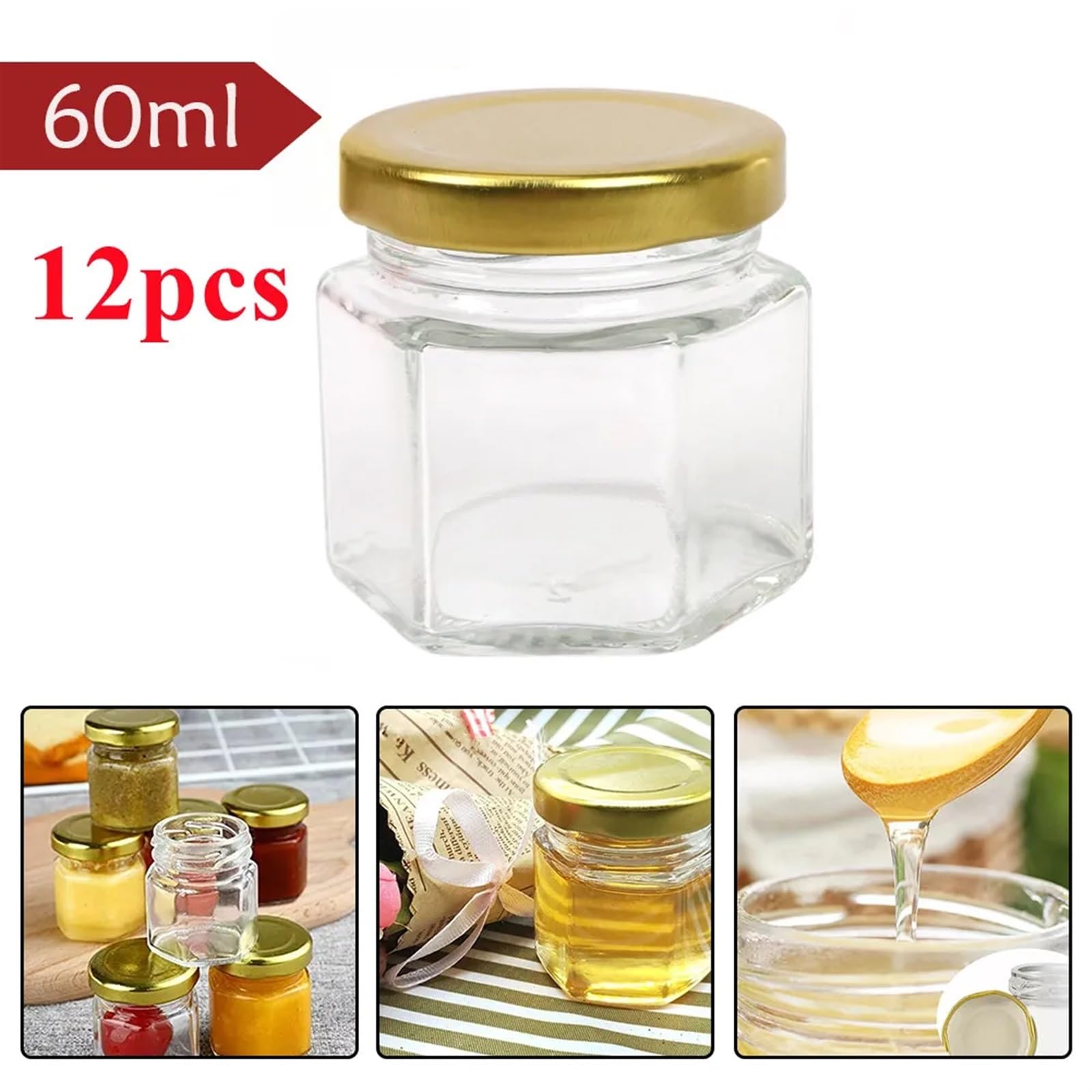 Vasetti Per Marmellata 12 barattoli di vetro mini esagonali da 45 ml/60 ml con coperchi dorati, contenitore vuoto for spezie e marmellate di miele piccolo da 45 ml(12pcs 60ml)