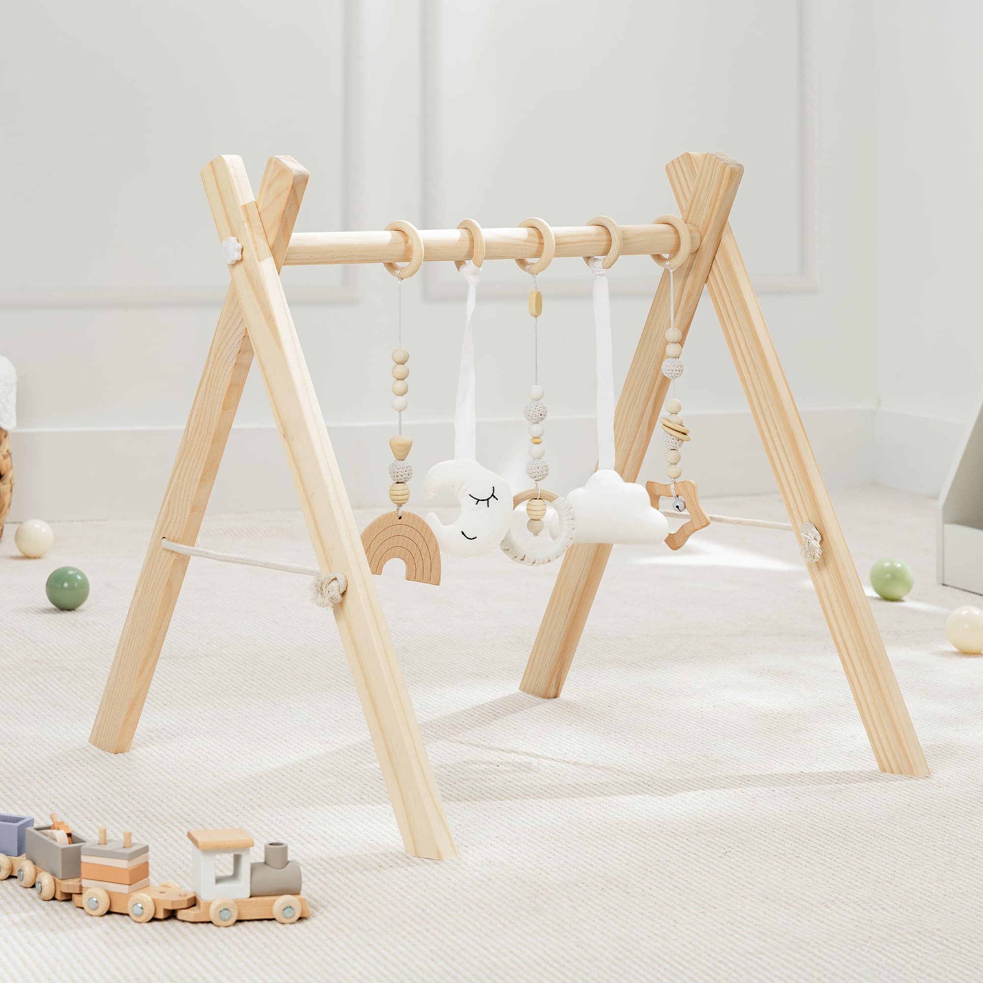 Comfy Cubs Baby Play Gym - Natural Finish Pinewood Wooden Play Gym with 5 Sensory Hanging Toys - Easy No-Tool Assembly, Safe & Durable for Infant Motor and Visual Development - Natural Wood