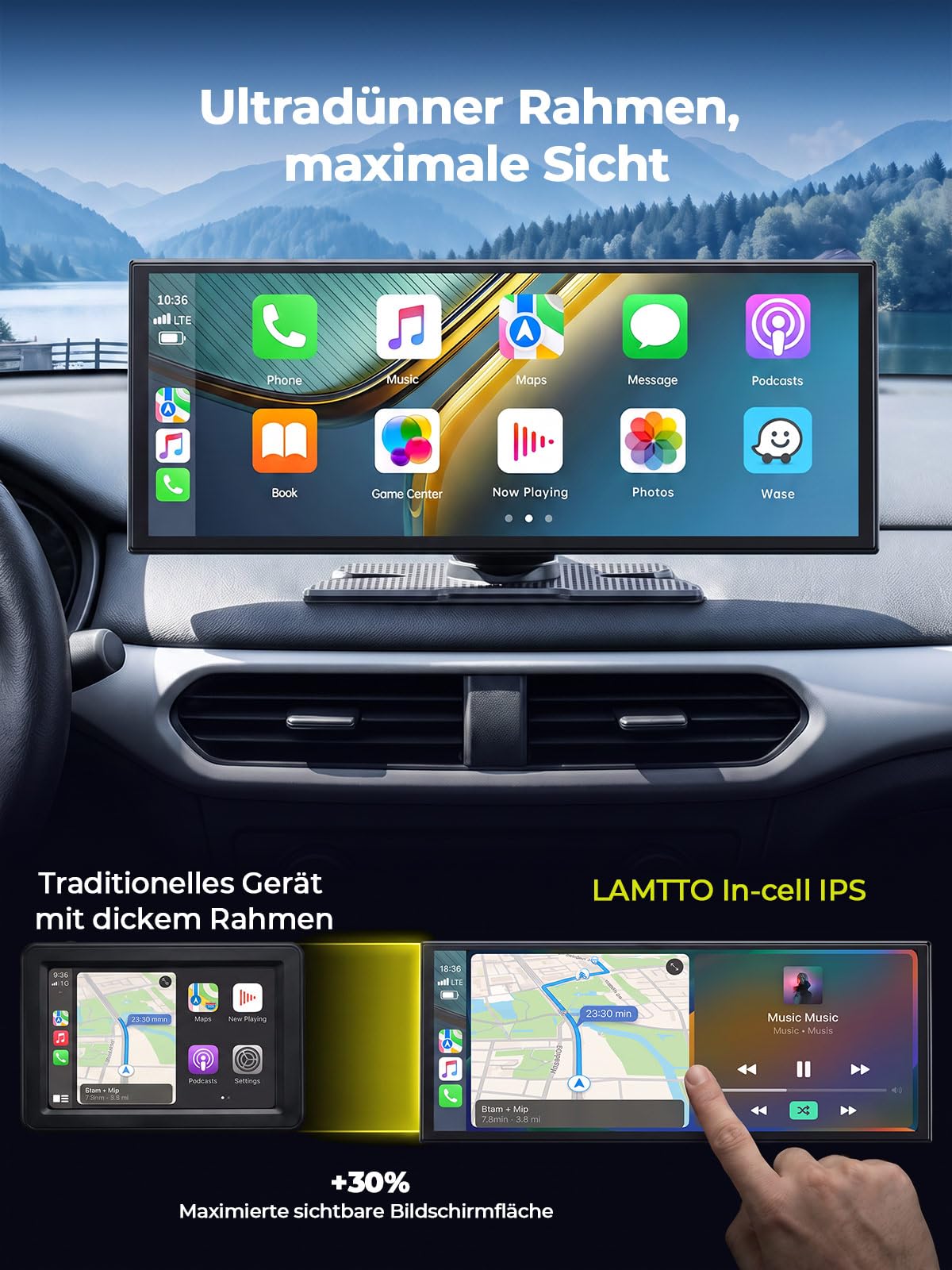 LAMTTO 10.25" CarPlay Display Android Auto mit Dashcam Auto 2.5K+1080P