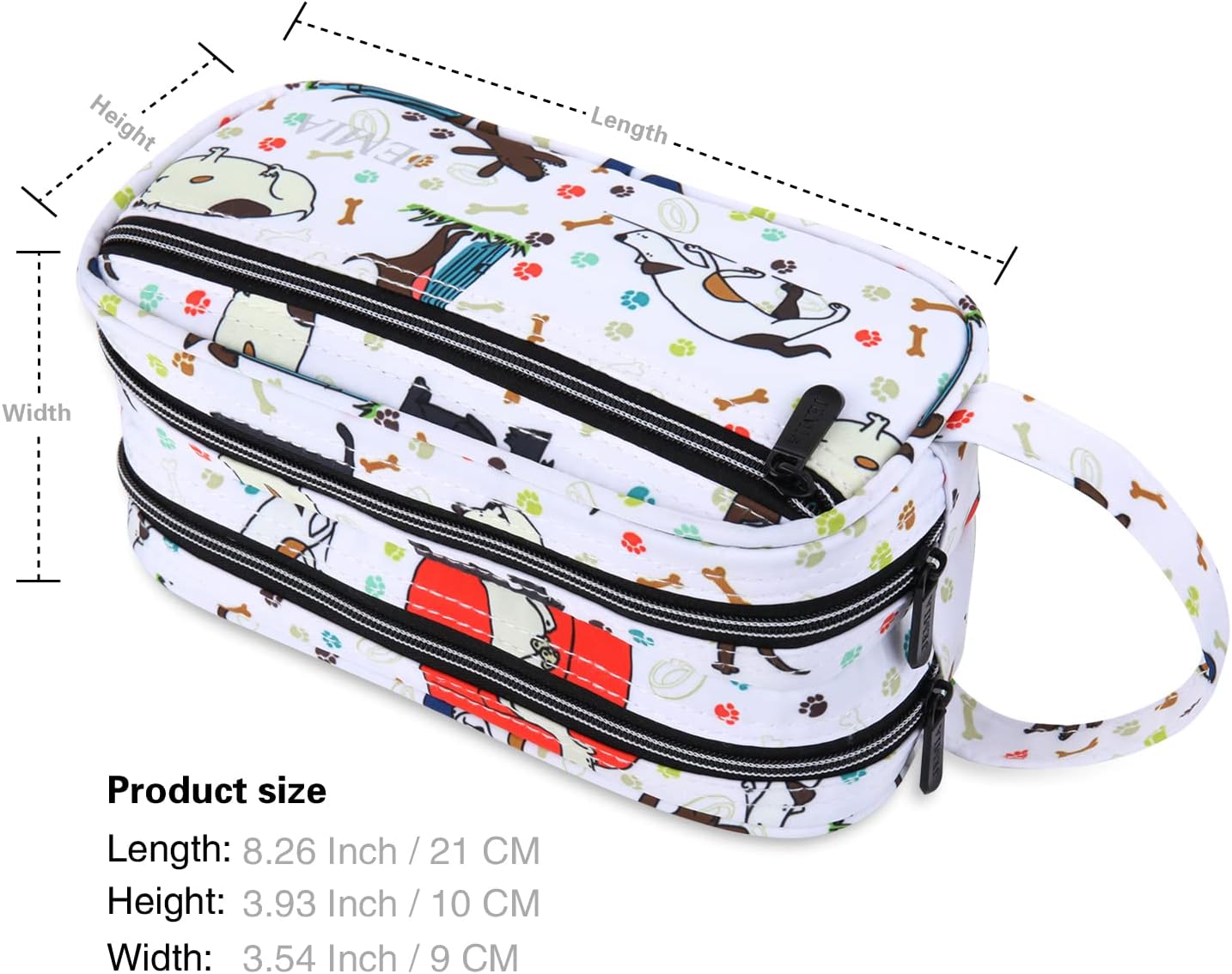 JEMIA Multi Compartments Collection 3 Independent Zipper Compartments with Handle Strap Carrying Case (White Dog, Polyester)