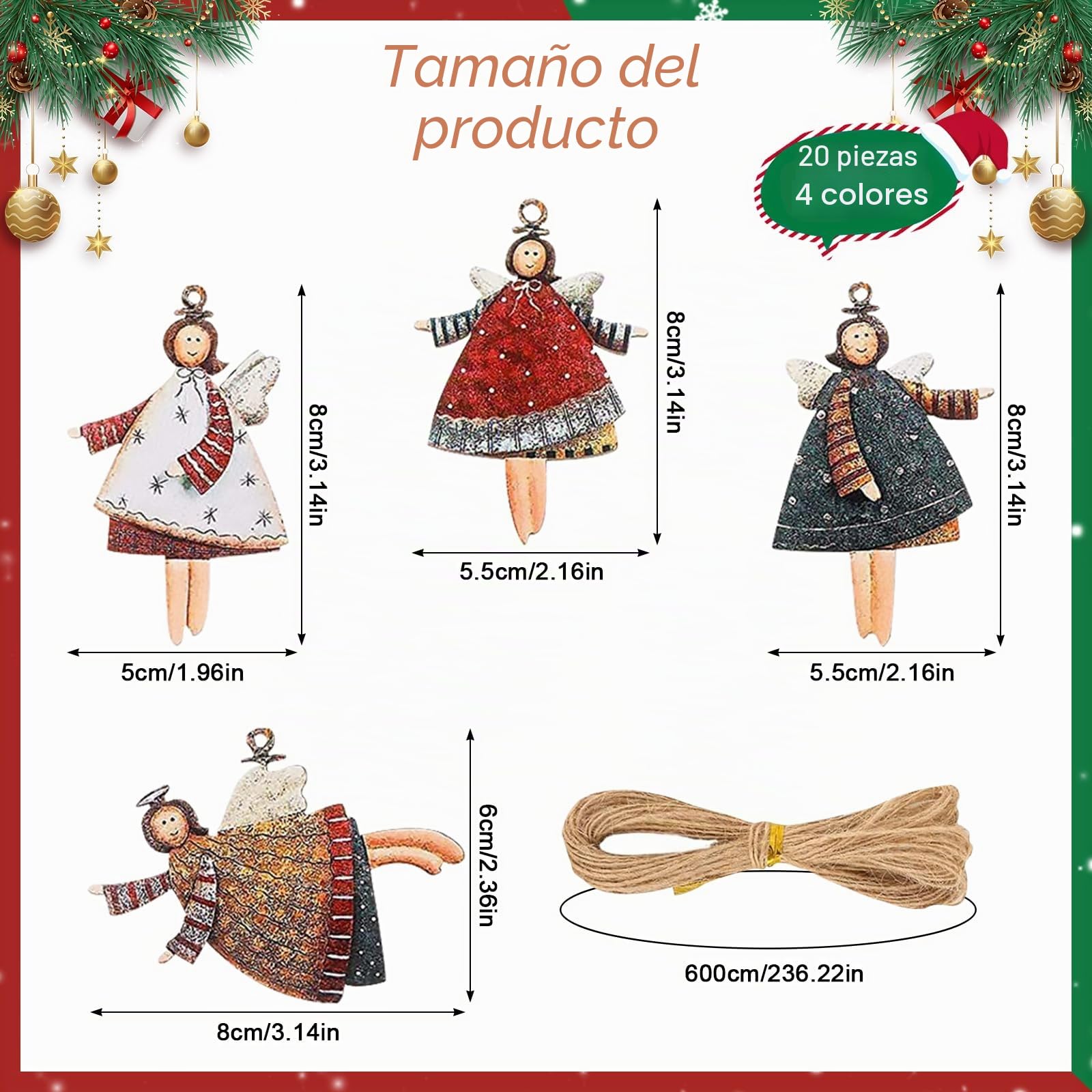 Adornos Árbol Navidad de Madera Ángeles 20 Piezas Decoración Colgante Hogar