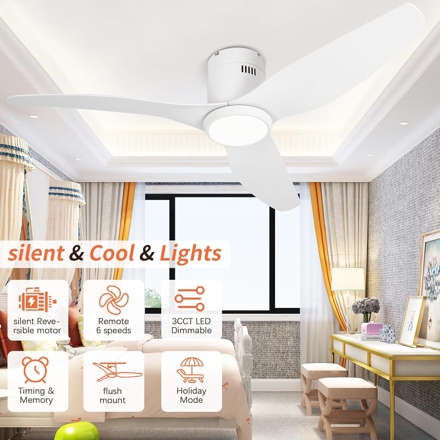 White Ceiling Fan with Light, 52 Inch Flush Mount Low Profile Ceiling Fans and Remote, 6 Speed Reversible Motor 3CCT Dimmable, Modern Plastic 3 Blade Indoor Outdoor Fans for Bedroom Livingroom