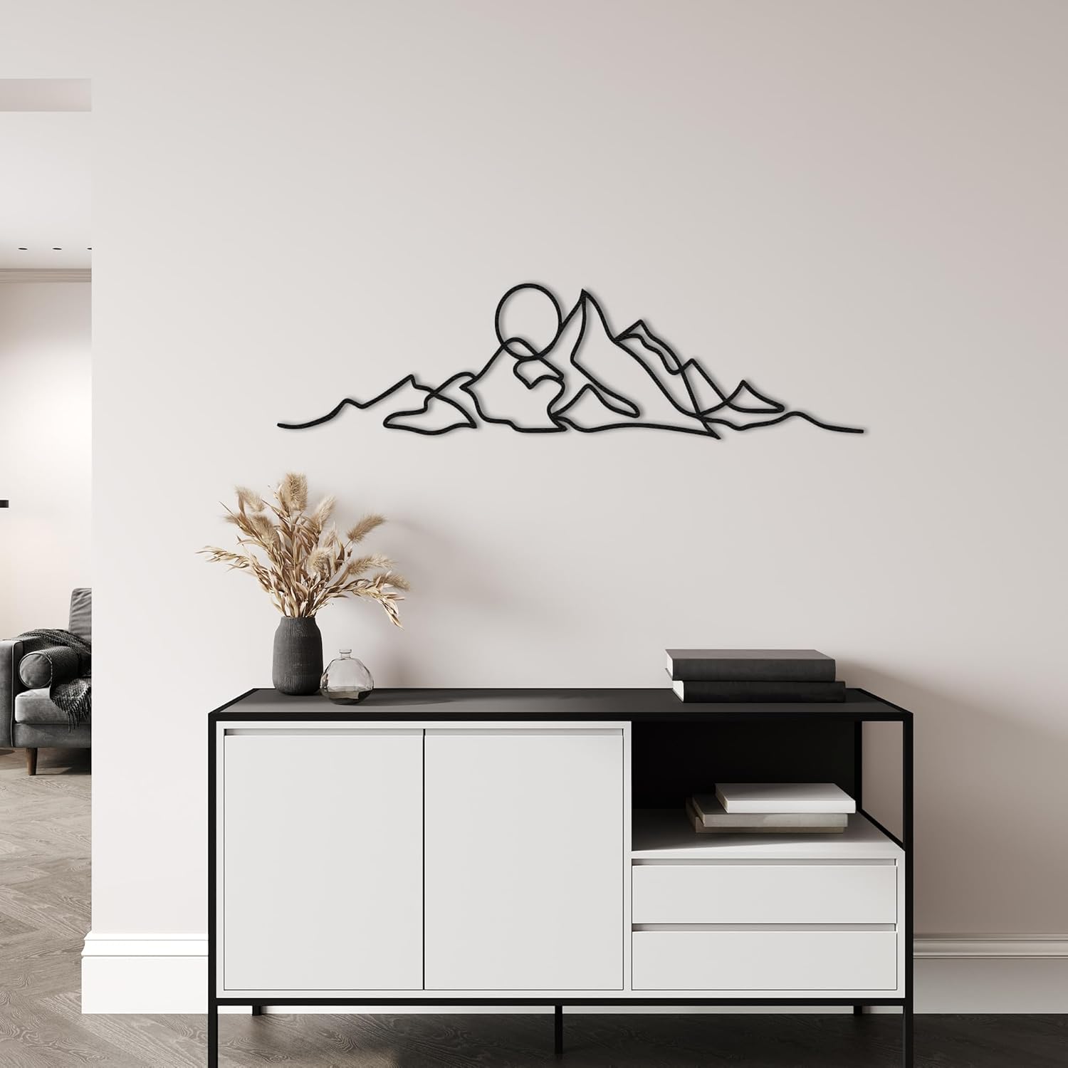 Mountain Line Art Metal Wall Decor – Minimalist Mountain Silhouette Wall Hanging for Living Room Bedroom or Office – Modern Black Powder Coated Steel – Handmade Wall Sculpture (23,6x6,3 inches / 60x16 cm)