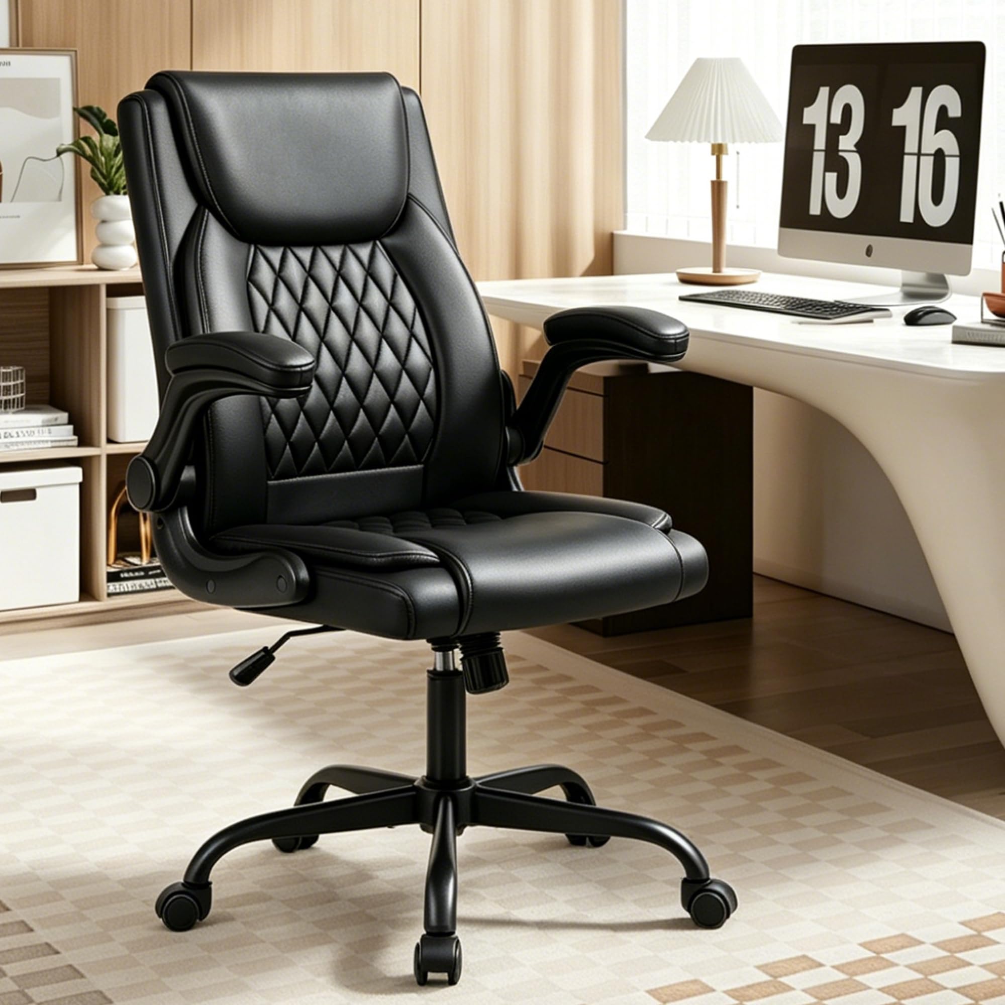 Andyou ergonomischer Bürostuhl – höhenverstellbar, Rückenlehne 17° neigbar, 90° klappbare Armlehnen, atmungsaktives PU-Leder, Drehsessel mit Rollen, belastbar bis 130 kg, schwarz