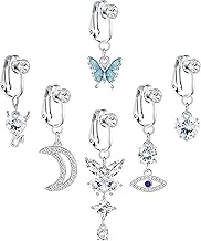 LOLIAS 6 Pcs Fake Piercing Clip On for Women Surgical Steel Belly Button Bar Pendant Heart Butterfly Moon Demon Evil Eye Fake Rings Non Piercing Jewelry