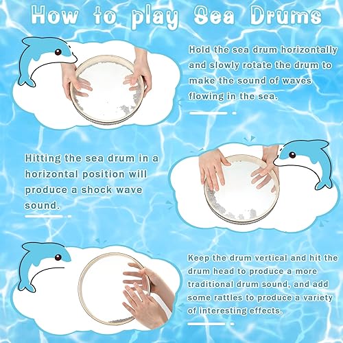 Miniatura 3 de Boao Tambor de mar de 12 pulgadas con cuentas onduladas de mano de color natural onda de sonido con carcasa de madera dura, instrumento musical de