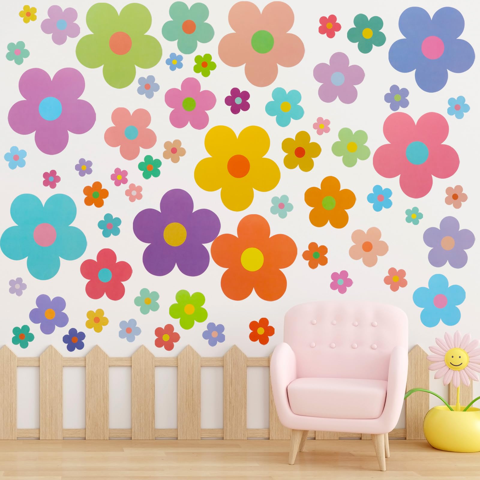 Ouligay 63 Pcs Cute Flower Wall Stickers,Wall Stickers for Girls Room,Colorful Flower Decals for Walls Teen Girls Boy Kids Nursery Bedroom Kindergarten Classroom Wall Art Decor