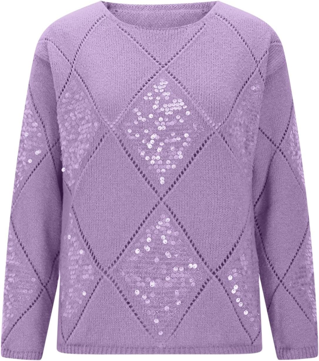 Women Sequin Sweater Hollow Out Sparkly Knit Pullover Fall Fashion Casual Lightweight Sparkle Glitter Knitted Tops