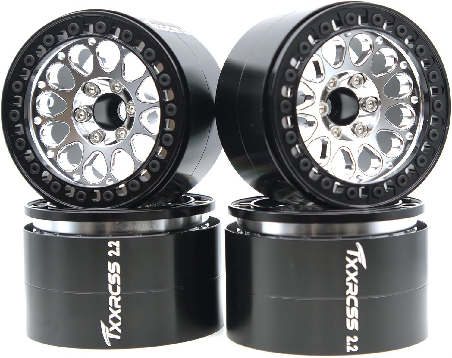RC 2.2 Aluminum Alloy Beadlock Wheels and Tires Upgrades Accessories Rims for 1/10 SCX10 TRX4RC4WD and D90 RC Crawler Axial Remote Control Car (4pc) (Silver)