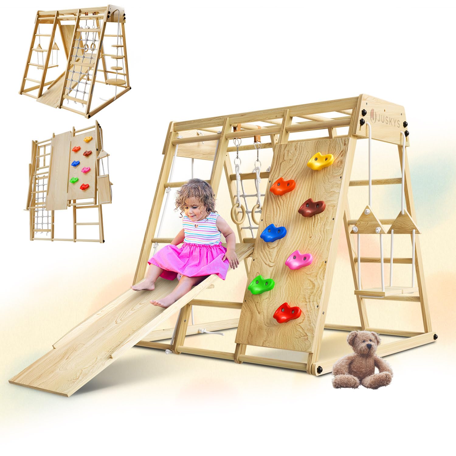 Juskys Maxi struttura per arrampicata per bambini - parco giochi per interni con scivolo, parete di arrampicata, rete di arrampicata e altalena - torre di arrampicata pieghevole in legno - naturale