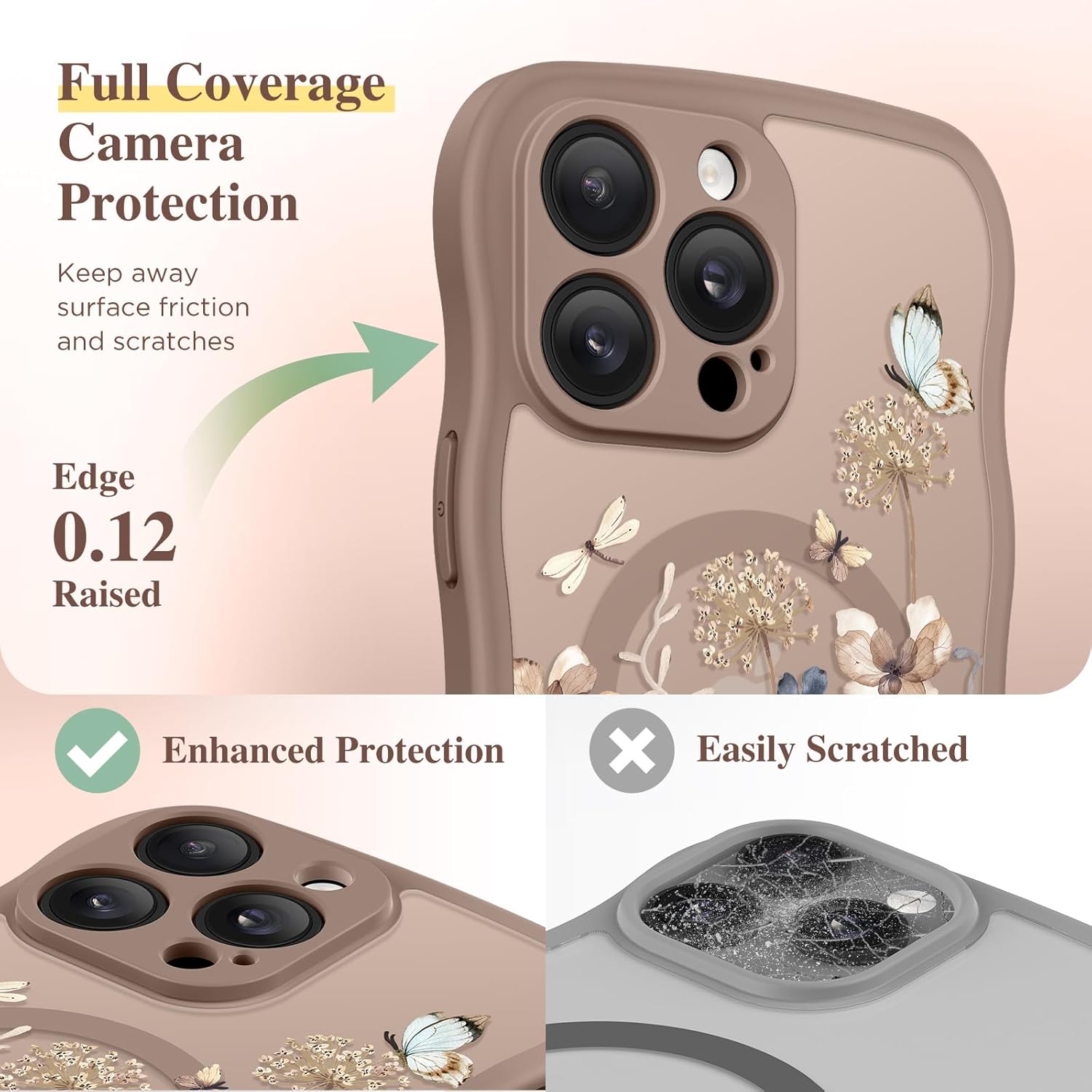GVIEWIN for iPhone 14 Pro Max Case Compatible with MagSafe [Curly Wave Edge][Full Camera Protection] Floral Translucent Shockproof Magnetic Women Phone Case for 14 Pro Max, Autumnflit/Brown