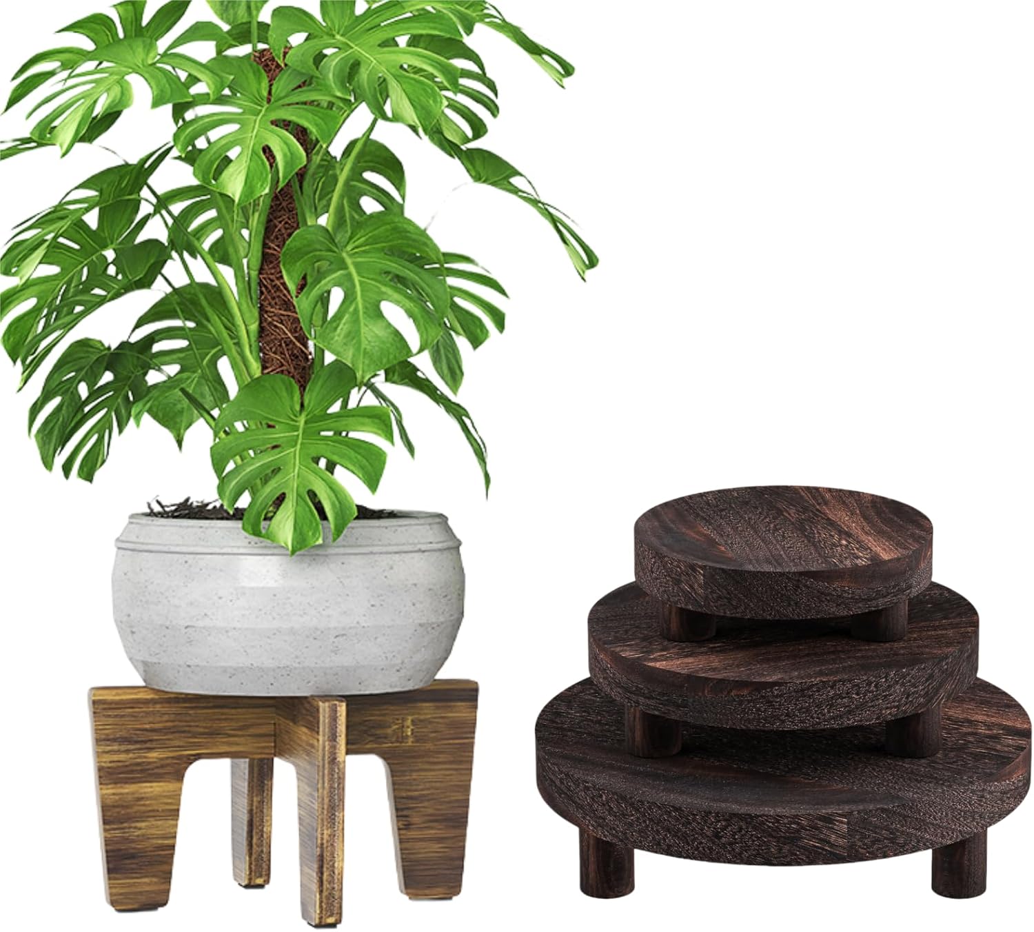 10/8/6 inch Wooden Plant Stand Set and 10 inch Bamboo Single Planter Stand
