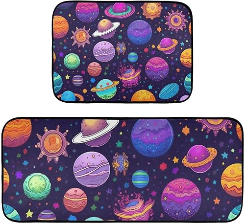 Kitchen Mats for Floor 2 Piece Set Cute Planets Print, Anti Skid Cushioned Water Absorbent Kitchen Rugs Door Mat Floor Mats for Kitchen Sink