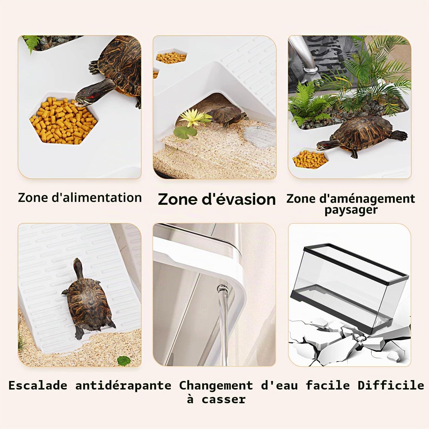 Aquarium pour tortues avec plateforme et drainage inférieur, 40,1 x 20,3 x 22,4 cm, pour tortues juvéniles, écrevisses, crabes, amphibiens, reptiles - Noir