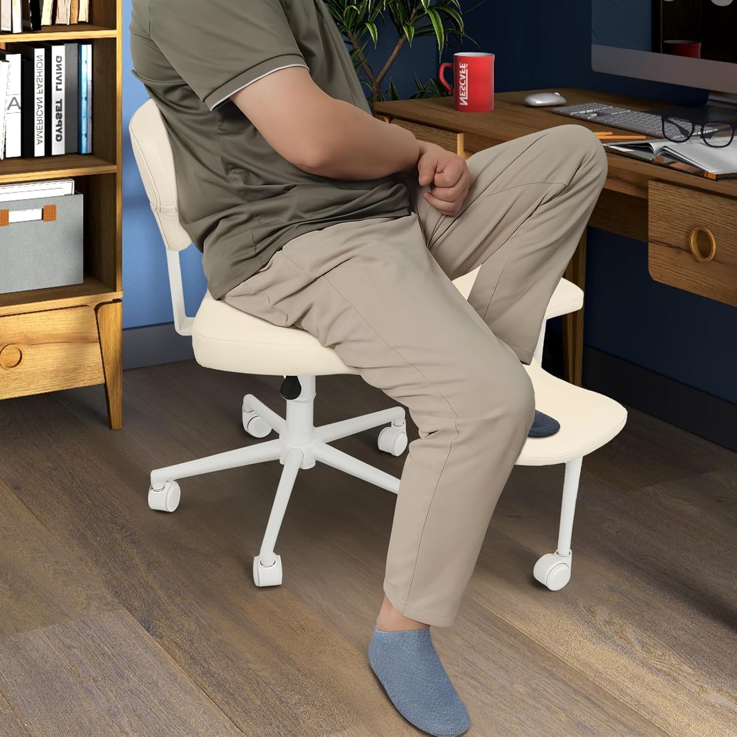 Cross Legged Office Meditation Chair with Wheels, Meditation Chair with Lumbar Support Adjustable Height Ergonomic Yoga Kneeling Chairs Beige