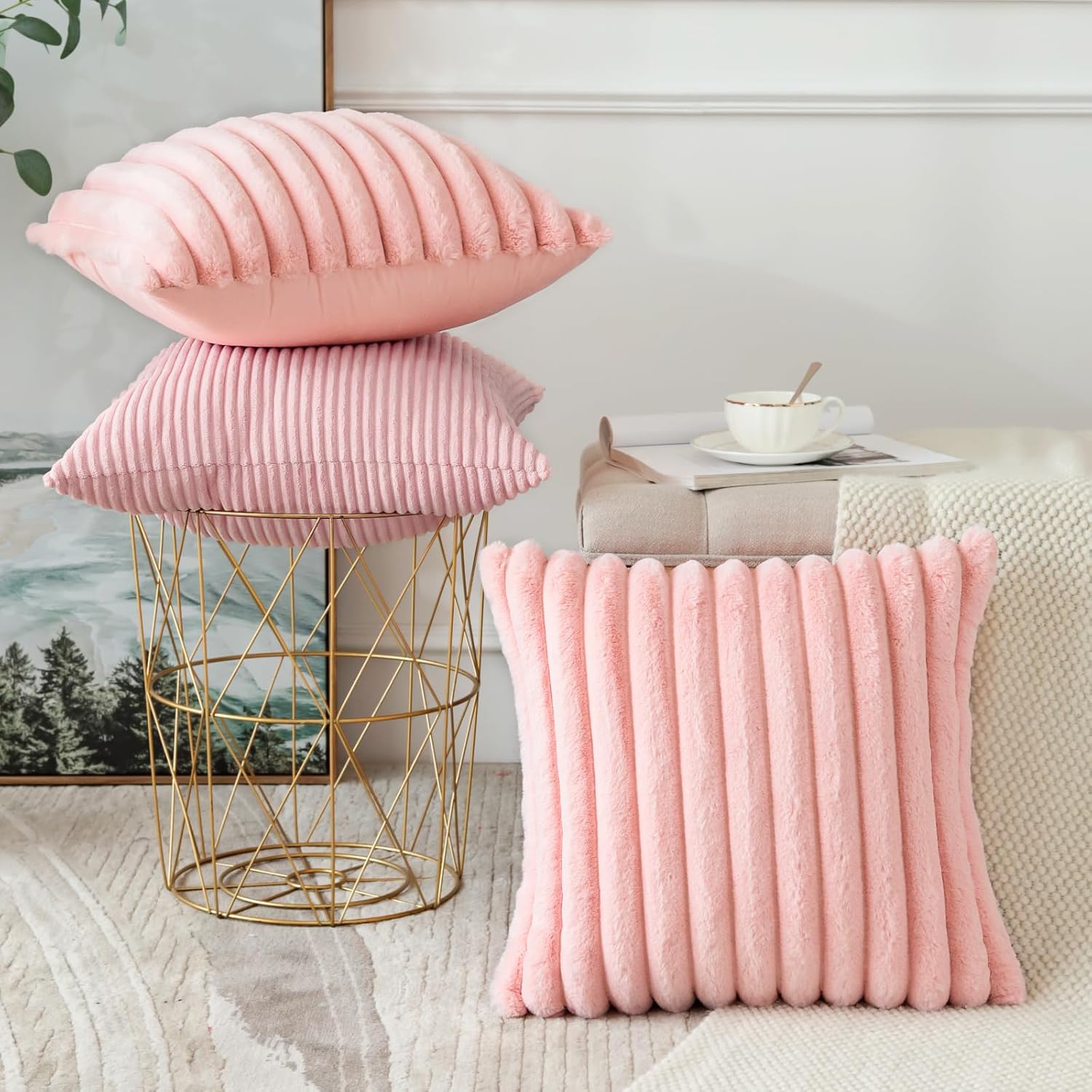 OTOSTAR Set of 4 Corduroy Soft Decorative Throw Pillow Covers 18x18 Inch Faux Fur Plush Pillow Covers Fuzzy Striped Luxury Cushion Case Pillowcase for Couch Sofa Bed Home Living Room Decor (Pink)