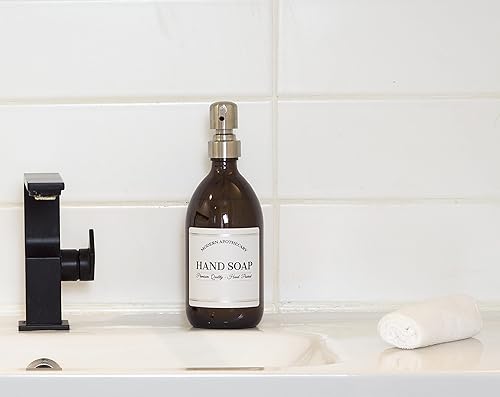 Miniatura 7 de Artanis Home Dispensador de jabón de mano de vidrio ámbar recargable, 16 oz  Botella de boticario impermeable con bomba de bronce aceitado