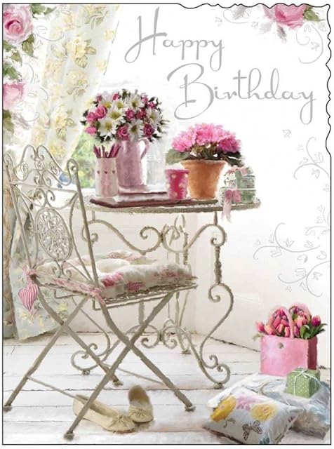 JONNY JAVELIN OPEN FEMALE BIRTHDAY CARD - FLOWERS & TABLE 7.25 x 5.5