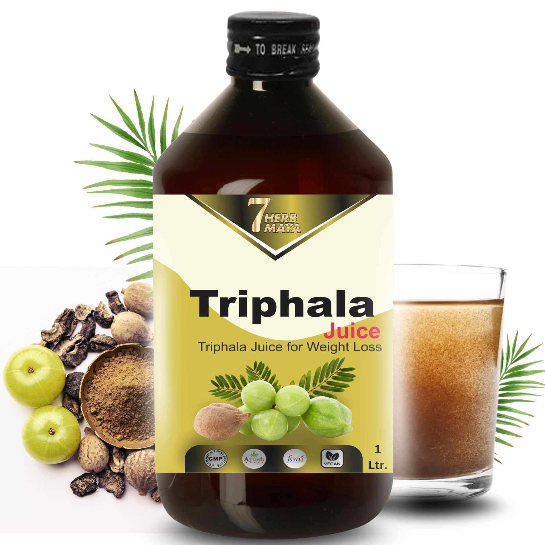 7Herbmaya Triphala Juice | Cold-Pressed Amla, Harad & Baheda Blend | No Added Sugar (1 Litre)