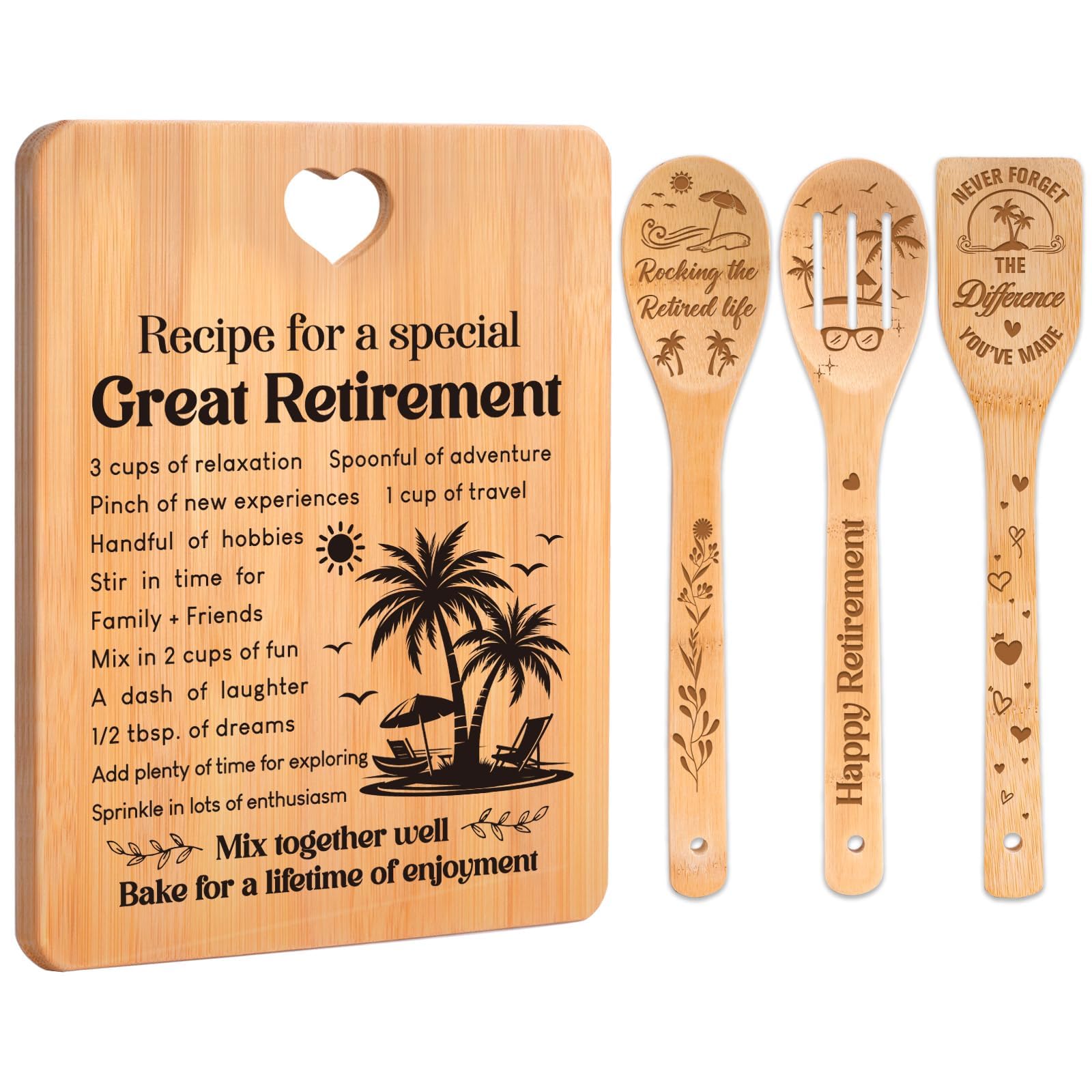 Retirement Gifts for Woman/Men 2026, Happy Retirement Bamboo Cutting Board Set with Gift Box for Colleagues, Friends, Teachers, Bosses, Parents, Family - Recipe for a Special Great Retirement.