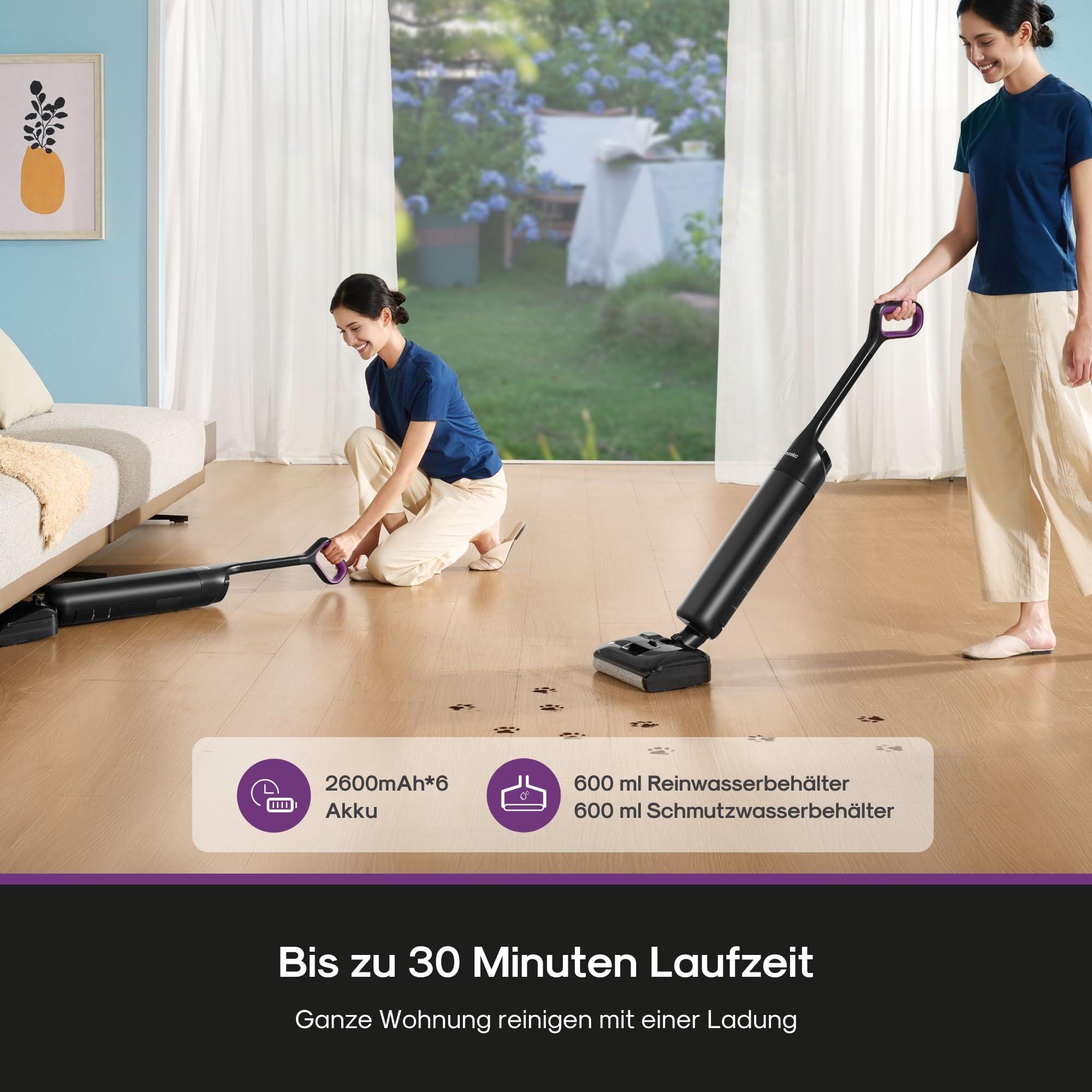 Eureka FloorShine 460 Nass Trockensauger Kabellos, 180° Flachdesign Wischsauger Saugwischer, 17000 Pa Akku Staubsauger mit Wischfunktion, 30min Laufzeit Reinigung unter tiefen Möbeln für HarteBoden
