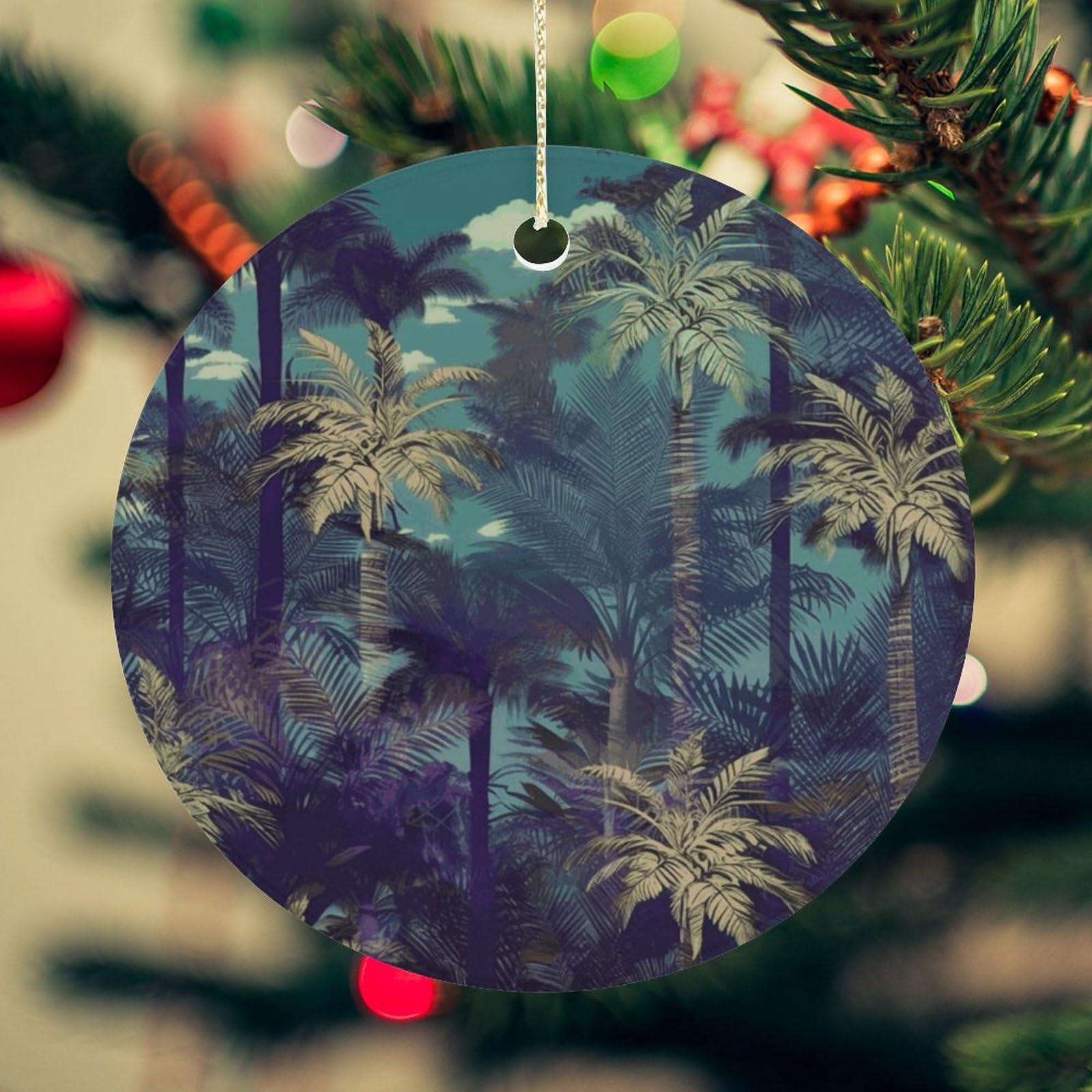 Fantasy Palm Tree Jungle Christmas Ornament for Christmas Tree Ceramic Round Ornament Winter Holiday Keepsake Gift 2.7" Christmas Tree Hanging Decorations Circle Ceramic Pendant Xmas Gift